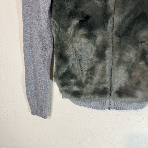 THE Kooples Faux Fur Front Wool Cashmere Blend Ribbed Zip Up in Grey - Picture 5 of 11